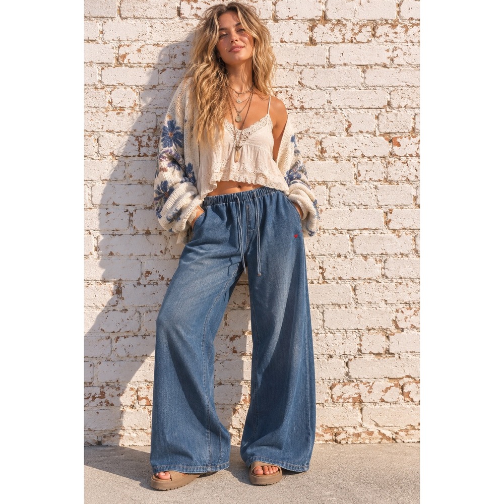Vanilla Star Blue Denim Wide Leg Drawstring Heart Jeans Large